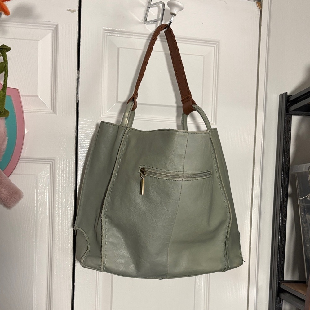 The Sak Green Leather Tote Bag with Brown Handle